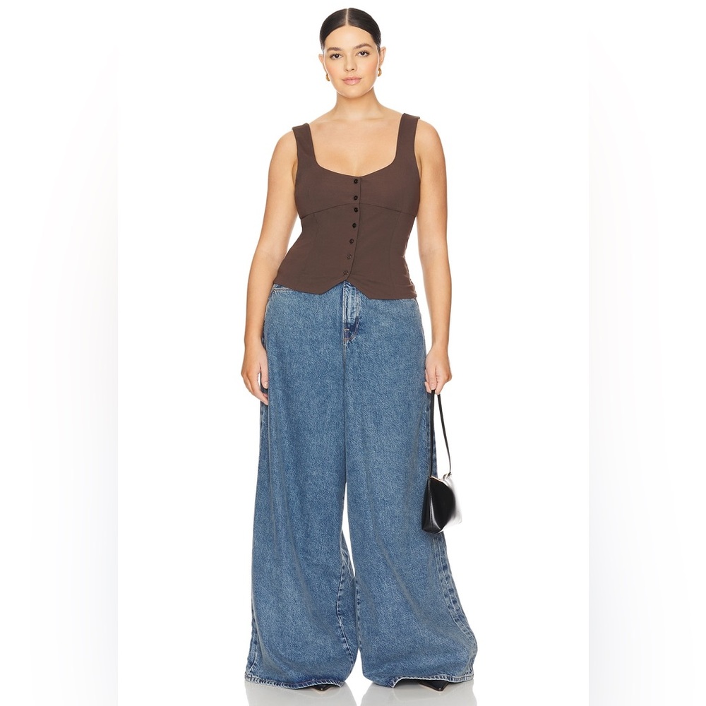 Good American Brown Top with Blue Wide Leg Jeans